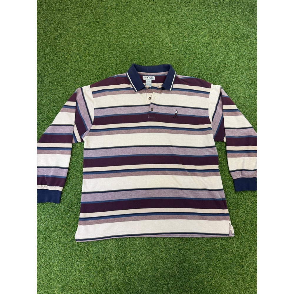 Penguin Sport Striped Rugby Polo Shirt Mens XL Burgundy Navy Pique XL/XG